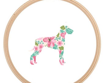 Natural ears Great Dane Silhouette Cross Stitch Pattern Floral Water color effect Pet animal wall art Great Dane cross stitch modern trendy