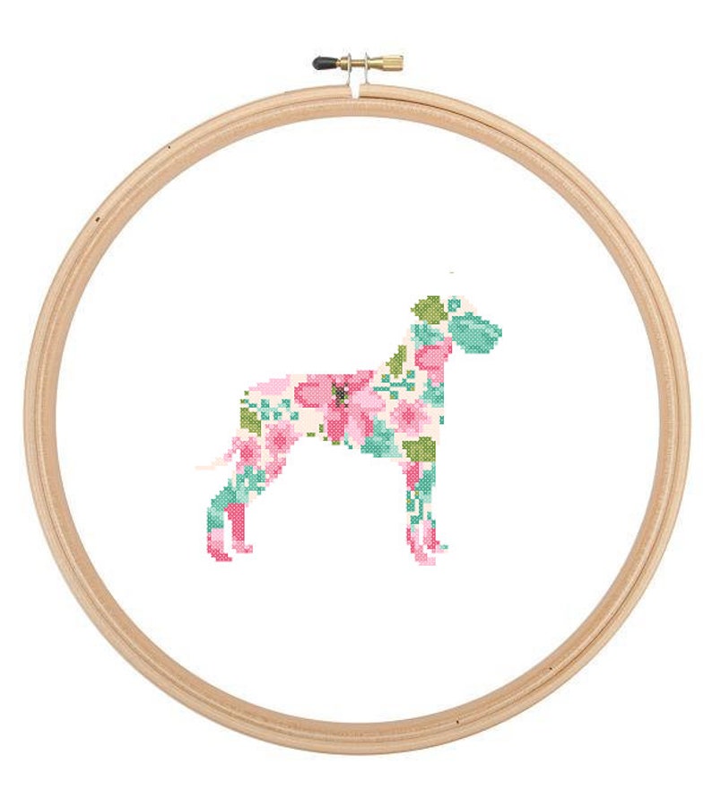 Natural ears Great Dane Silhouette Cross Stitch Pattern Floral Water color effect Pet animal wall art Great Dane cross stitch modern trendy image 1