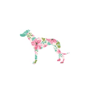 May include: A floral pattern in pink and green colors is stitched into the shape of a dog silhouette.