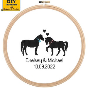 Horse Wedding cross stitch DIY customizable Pattern Modern Wedding cross stitch Couple Wedding Record Horses Sampler Wedding Anniversary image 1