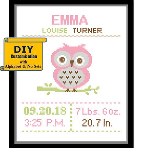 Baby Owl Cross Stitch Birth Announcement Cross Stitch Birth Record Cross Stitch Baby Girl Boy Owl Pink Blue nursery woodland birth sampler image 1