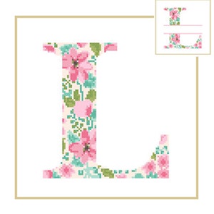 Floral Monogram L Cross Stitch Pattern L Initial L Letter cross stitch Baby birth nursery split letter cross Wedding Anniversary Wedding image 1