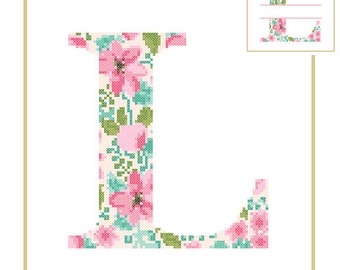 Floral Monogram L Cross Stitch Pattern L Initial L Letter cross stitch Baby birth nursery split letter cross Wedding Anniversary Wedding