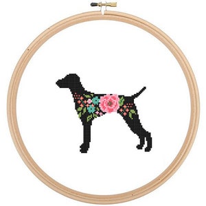 Vizsla Silhouette Kreuzstich Muster Blumen Rosen Haustier Tier Ungarischer Zeiger Hund Kreuzstich moderne ungarische Zeiger Vizsla Hund