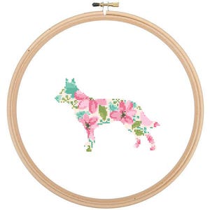 Blue Heeler Silhouette Cross Stitch Pattern Floral Water color effect Pet animal wall art Australian cattle Dog cross stitch modern gift image 1