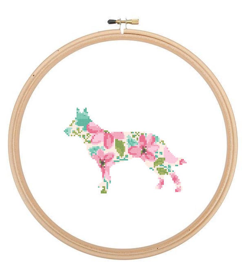 Blue Heeler Silhouette Cross Stitch Pattern Floral Water color effect Pet animal wall art Australian cattle Dog cross stitch modern gift image 1