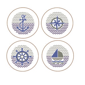 Instant Download set of 4 Cross Stitch Patterns anchor nautical wheel yacht compass Navy blue gray gift cute and modern looks