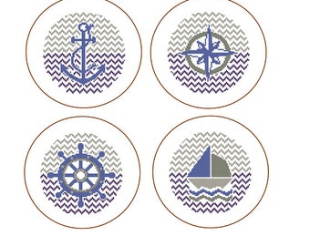 Instant Download set of 4 Cross Stitch Patterns anchor nautical wheel yacht compass Navy blue gray gift cute and modern looks