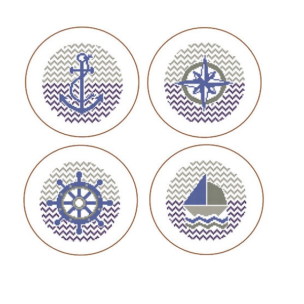 Ensemble de téléchargement instantané de 4 modèles de point de croix ancre nautique roue yacht boussole cadeau gris bleu marine looks mignons et modernes
