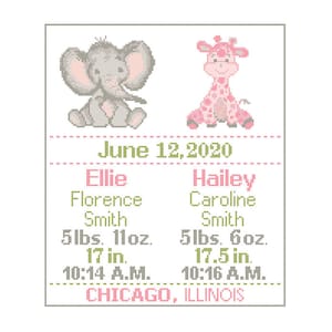 1 Custom Pattern Cross Stitch Twin Birth Announcement Twin Cross Stitch Birth Record Cross Stitch Twin Baby Girl Elephant Giraffe Nursery