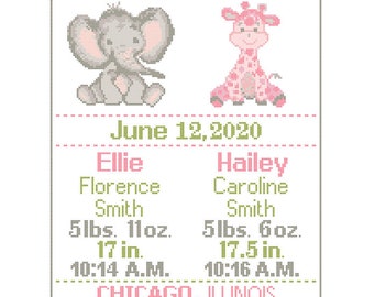 1 Custom Pattern Cross Stitch Twin Birth Announcement Twin Cross Stitch Birth Record Cross Stitch Twin Baby Girl Elephant Giraffe Nursery