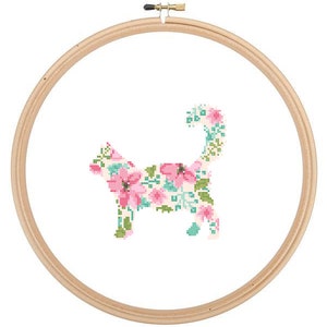 Main Coon Silhouet Kruissteekpatroon Bloemen Waterkleureffect Huisdier dierenkunst Main Coon kat kruissteek moderne boerderij