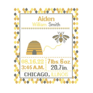 1 Cross Stitch custom Pattern Bee birth sampler Baby Birth Announcement Birth Record Bee birth sampler Farm birth record image 1