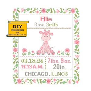 Giraffe Cross Stitch Birth Announcement cross Stitch Birth Record Floral Baby Boy Girl Giraffe Nursery Pink gray birth sampler jungle image 1