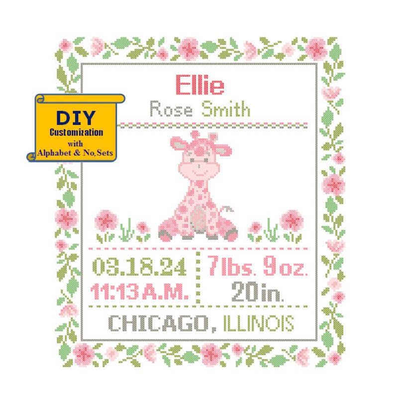 Giraffe Cross Stitch Birth Announcement cross Stitch Birth Record Floral Baby Boy Girl Giraffe Nursery Pink gray birth sampler jungle image 1