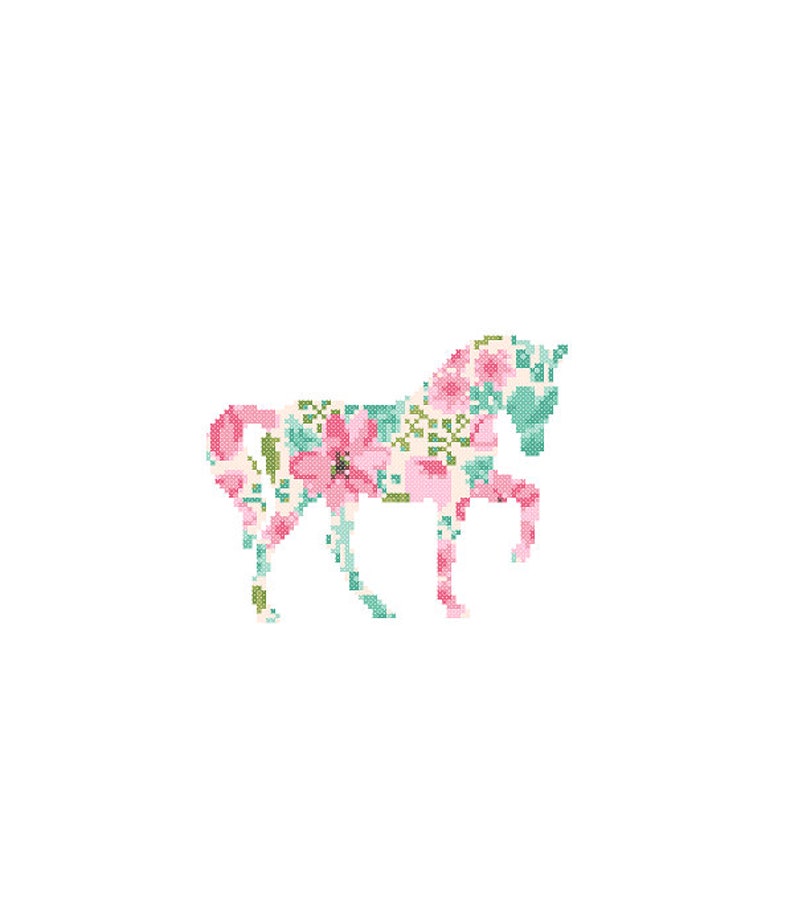 Horse Silhouette Cross Stitch Pattern Floral Water color effect Pet animal wall art Horse cross stitch modern Farm trendy great gift image 2