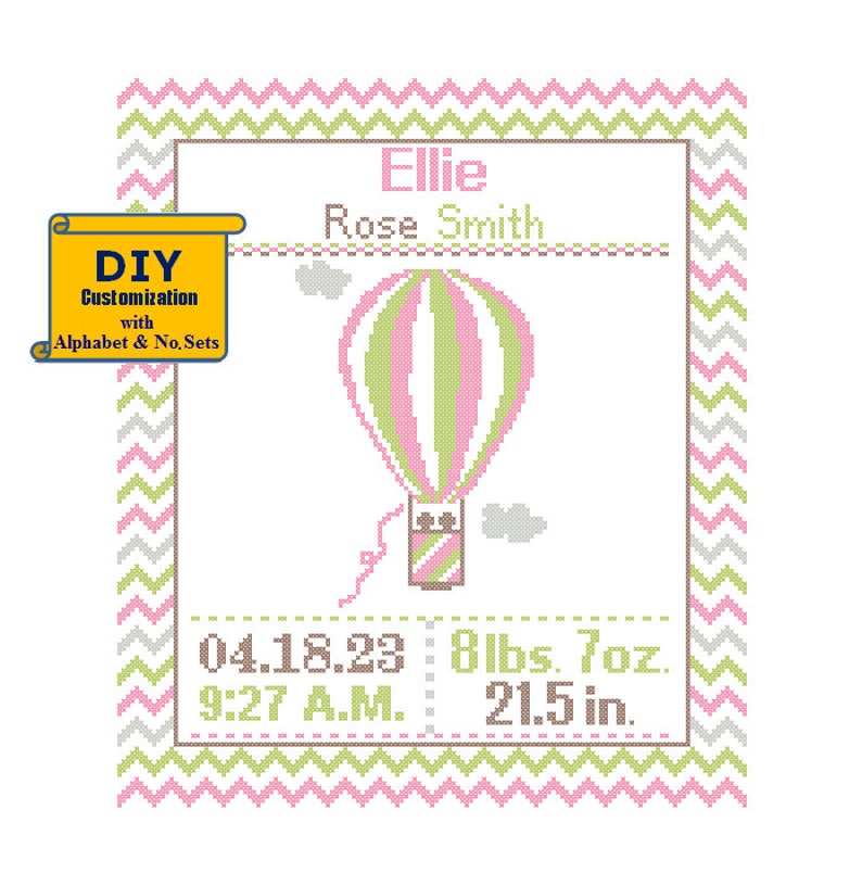 Hot Air Balloon Cross Stitch Birth Announcement Cross Stitch Birth Record Baby Nursery Adventure baby sampler orange navy mint pink image 6