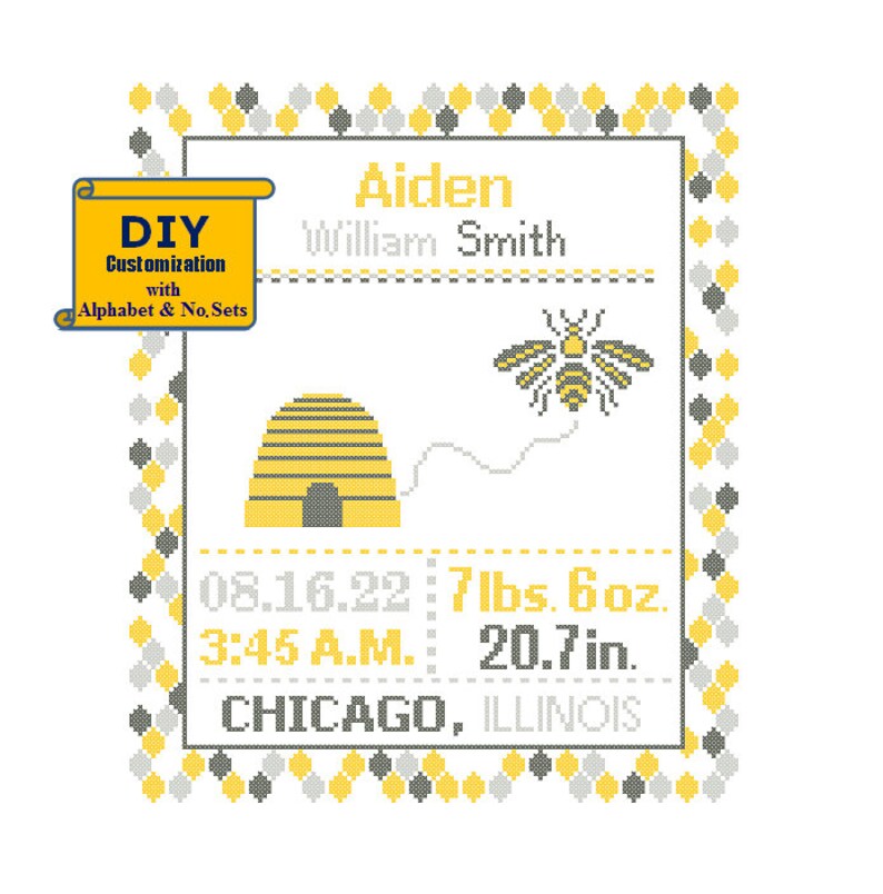 Bee Cross Stitch Birth Announcement Cross Stitch Birth Record Honey Bee Yellow gray beehive honeycomb DIY customizable Pattern image 1