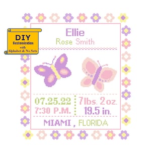 Butterflies Cross Stitch Birth Announcement cross Stitch Birth Record Floral Baby Girl Butterfly Nursery birth sampler pink purple