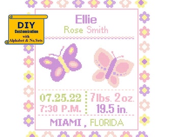Butterflies Cross Stitch Birth Announcement cross Stitch Birth Record Floral Baby Girl Butterfly Nursery birth sampler pink purple