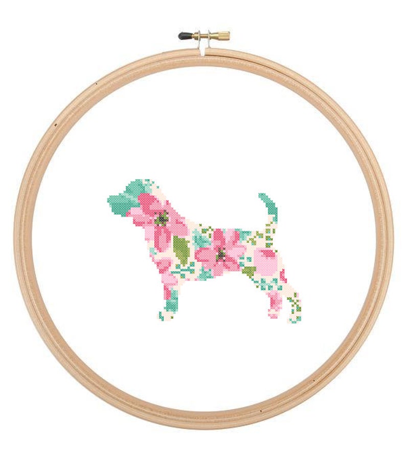 Beagle Silhouette Cross Stitch Pattern Floral Water color effect Pet animal wall art Beagle Dog cross stitch modern great gift image 1