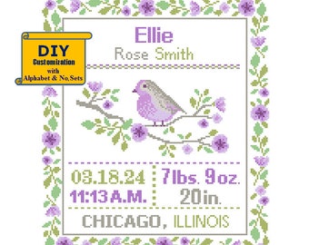 Carnet de naissance oiseau point de croix faire-part de naissance floral bébé fille oiseau chambre de bébé rose violet