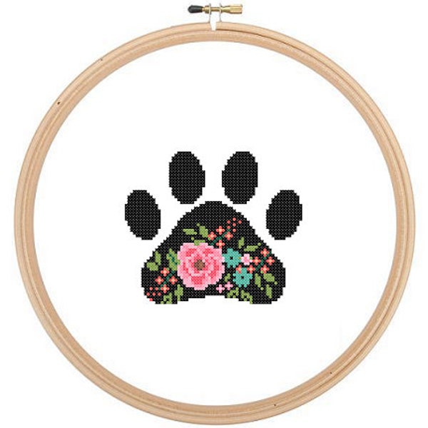 Paw Print Silhouette Cross Stitch Pattern Floral roses Pet animal wall art Dog cat paw cross stitch modern dog cross stitch