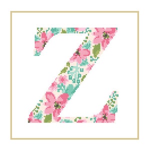 Floral Monogram Z Cross Stitch Pattern Z Initial Z Letter cross stitch Baby birth nursery split letter cross Wedding Anniversary Wedding image 4