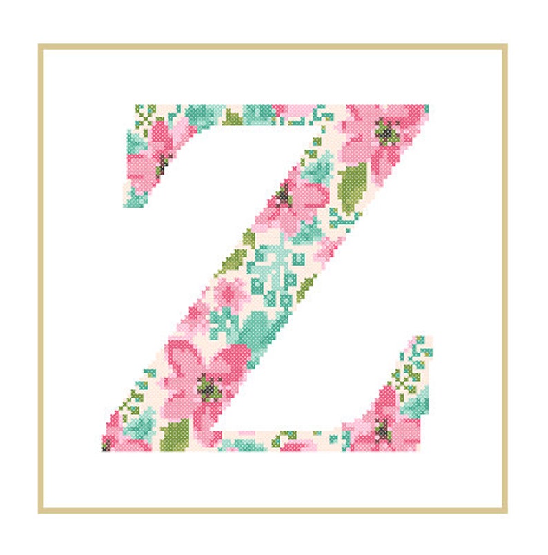 Floral Monogram Z Cross Stitch Pattern Z Initial Z Letter cross stitch Baby birth nursery split letter cross Wedding Anniversary Wedding image 4