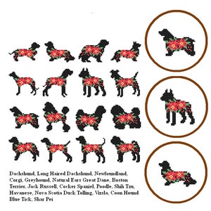 Könnte beinhalten: Ein digitales Kreuzstichmuster mit 16 verschiedenen Hunderassen, die jeweils eine rote Weihnachtsstern-Blume tragen. Die Rassen umfassen Dackel, Neufundländer, Corgi, Greyhound, Dogge, Boston Terrier, Jack Russell, Cocker Spaniel, Pudel, Shih Tzu, Havanese, Nova Scotia Duck Tolling Retriever, Vizsla, Coonhound, Blue Tick Coonhound und Shar Pei.