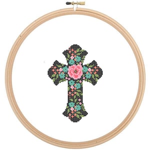 Christian Cross cross stitch Pattern Holy cross Christening Baptism religious cross stitch Christmas Easter cross stitch Black Floral image 1