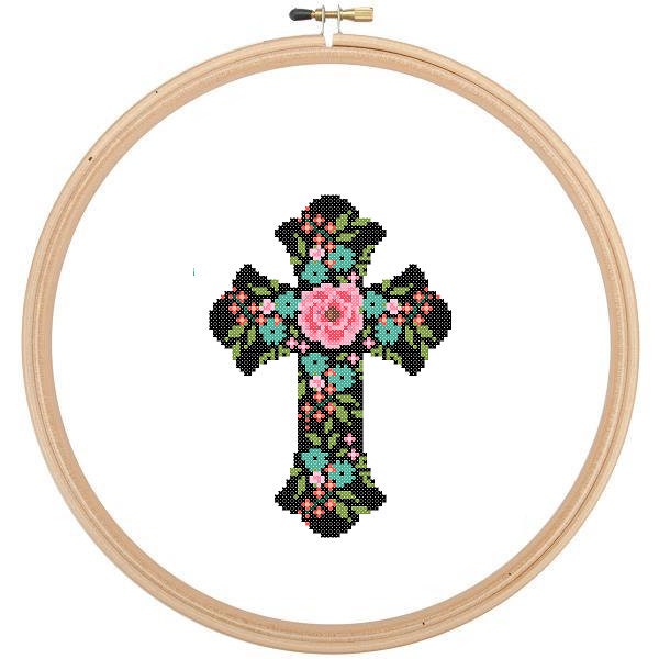 Christian Cross - cross stitch Pattern Holy cross Christening Baptism religious cross stitch Christmas Easter cross stitch Black Floral