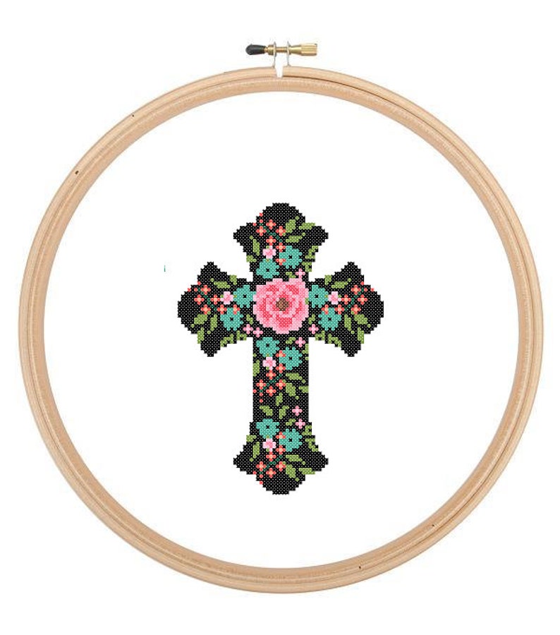 Christian Cross cross stitch Pattern Holy cross Christening Baptism religious cross stitch Christmas Easter cross stitch Black Floral image 1