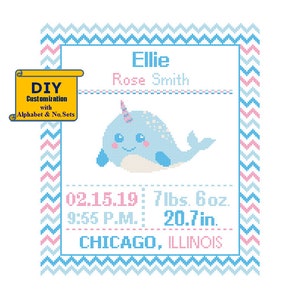 Narwhal Birth sampler Cross Stitch Birth Announcement Cross Stitch Birth Record Baby Boy Narwhal Magical Nursery DIY customizable Pattern image 5