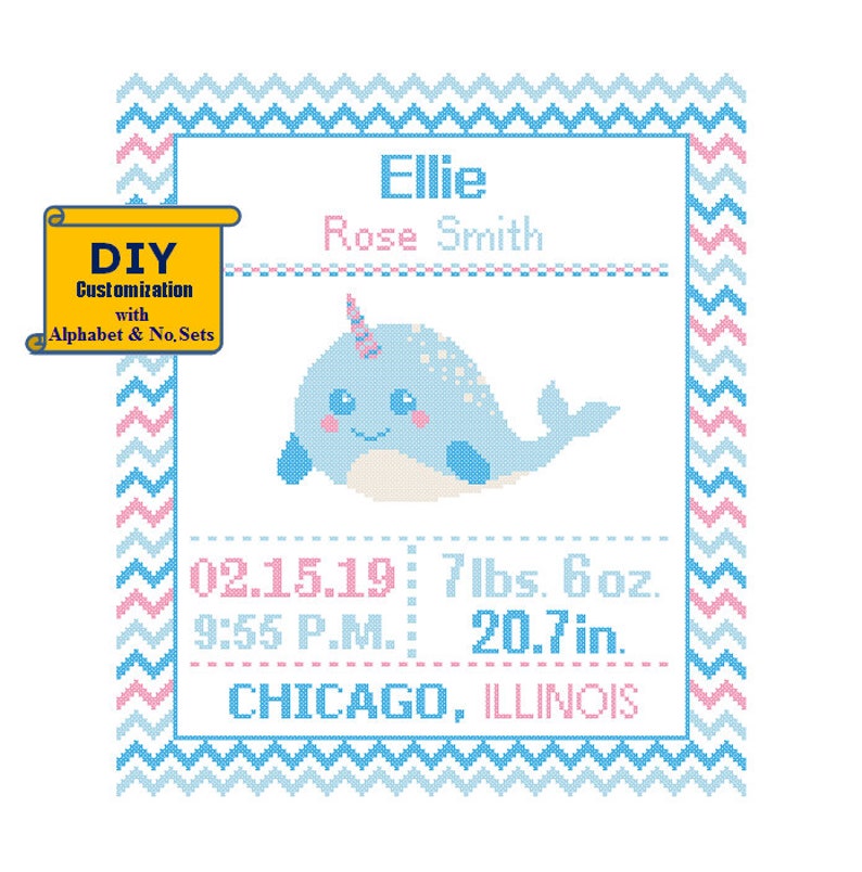 Narwhal Birth sampler Cross Stitch Birth Announcement Cross Stitch Birth Record Baby Boy Narwhal Magical Nursery DIY customizable Pattern image 5