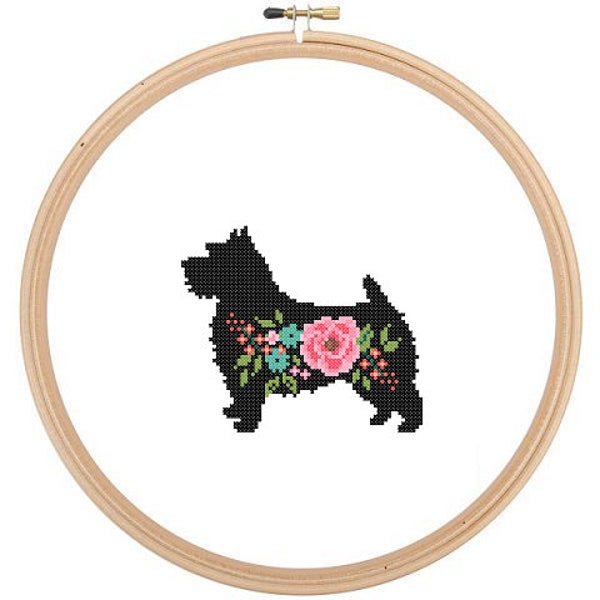 Norwich Terrier Silhouette Cross Stitch Pattern floral roses Pet animal wall art Norwich Terrier Dog cross stitch modern gift