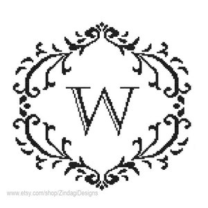 May include: Black and white cross-stitch pattern of a decorative monogram with the letter W in the center.