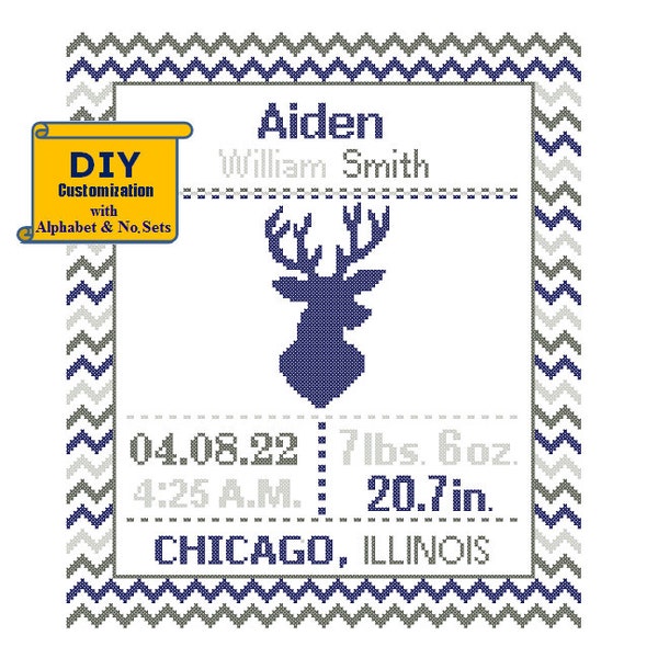 Deer Cross Stitch Deer Birth Announcement cross Stitch Birth Record chevron Baby Boy Girl Antler Instant Download DIY customizable Pattern