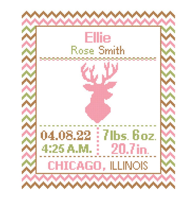 Deer Cross Stitch custom Pattern Baby Boy Girl Personalised Antler Birth Announcement Birth Record Forest Deer woodland Nursery image 3