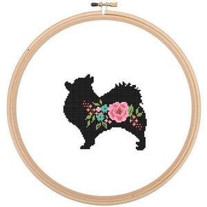 Pomeranian Silhouette Cross Stitch Pattern Floral Pet animal wall art Dog cross stitch modern trendy great gift image 1