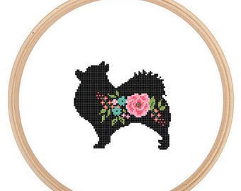 Pomeranian Silhouette Cross Stitch Pattern Floral Pet animal wall art Dog cross stitch modern trendy great gift