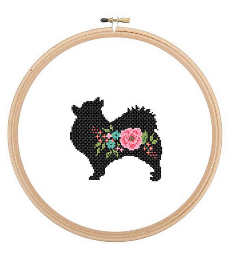 Pomeranian Silhouette Cross Stitch Pattern Floral Pet animal wall art Dog cross stitch modern trendy great gift image 1