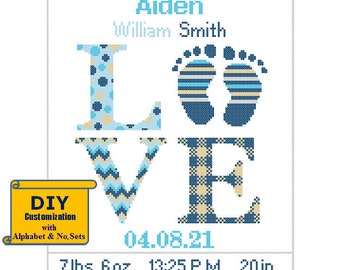 Love Cross Stitch Birth Announcement Cross Stitch Birth Record Cross Stitch Baby Boy Footprint birth sampler DIY customizable Pattern