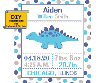 Stegosaurus Cross Stitch Birth Announcement Dinosaur Cross Stitch Birth Sampler Blue Polka Dot Baby Baby Dinosaur Nursery DIY Pattern