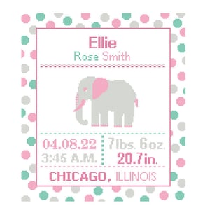 1 Cross Stitch custom Pattern Baby Boy/Girl Personalised Birth Announcement Birth Record Elephant Blue, Green Gray Jungle Nursery polka dot