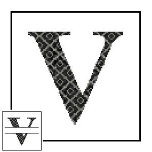 May include: A large letter "V" with a geometric pattern in shades of gray and black, set against a white background. The design is reminiscent of cross-stitch or pixel art. A smaller version of the letter is in the lower left corner.
