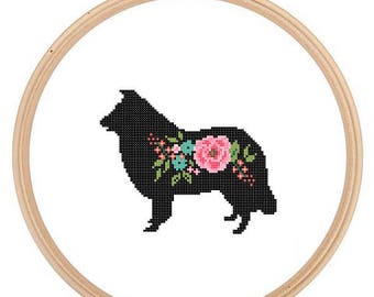 Border Collie silhouet Cross Stitch patroon bloemenrozen huisdier kunst aan de muur hond kruissteek moderne trendy geweldig cadeau
