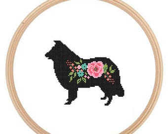 Border Collie Silhouette Cross Stitch Pattern Floral roses Pet animal wall art Dog cross stitch modern trendy great gift