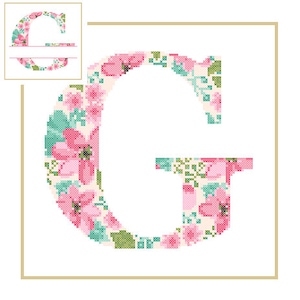 May include: A floral letter G with pink and green flowers on a white background. The letter is surrounded by a gold frame.