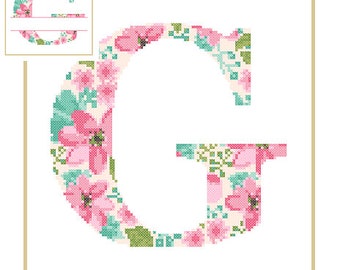 Floral Monogram G Cross Stitch Pattern G Initial G Letter cross stitch Baby birth nursery split letter cross Wedding Anniversary Wedding